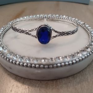 Tanzanite Quartz Thin Silver Etched Bangle Cuff Bracelet